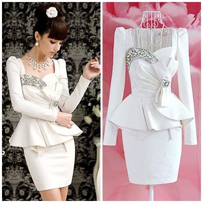 Free shipping diamond bow ruffles pleated full sleeve slim ladies sexy sheath party mini dress new fashion 2013