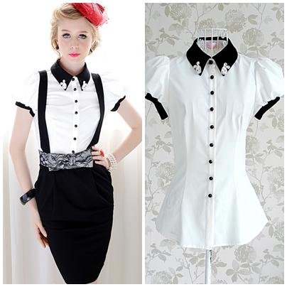 Free shipping diamond color patchwork solid puff short sleeve ladies casual slim blouses shirts 2013 design hot selling