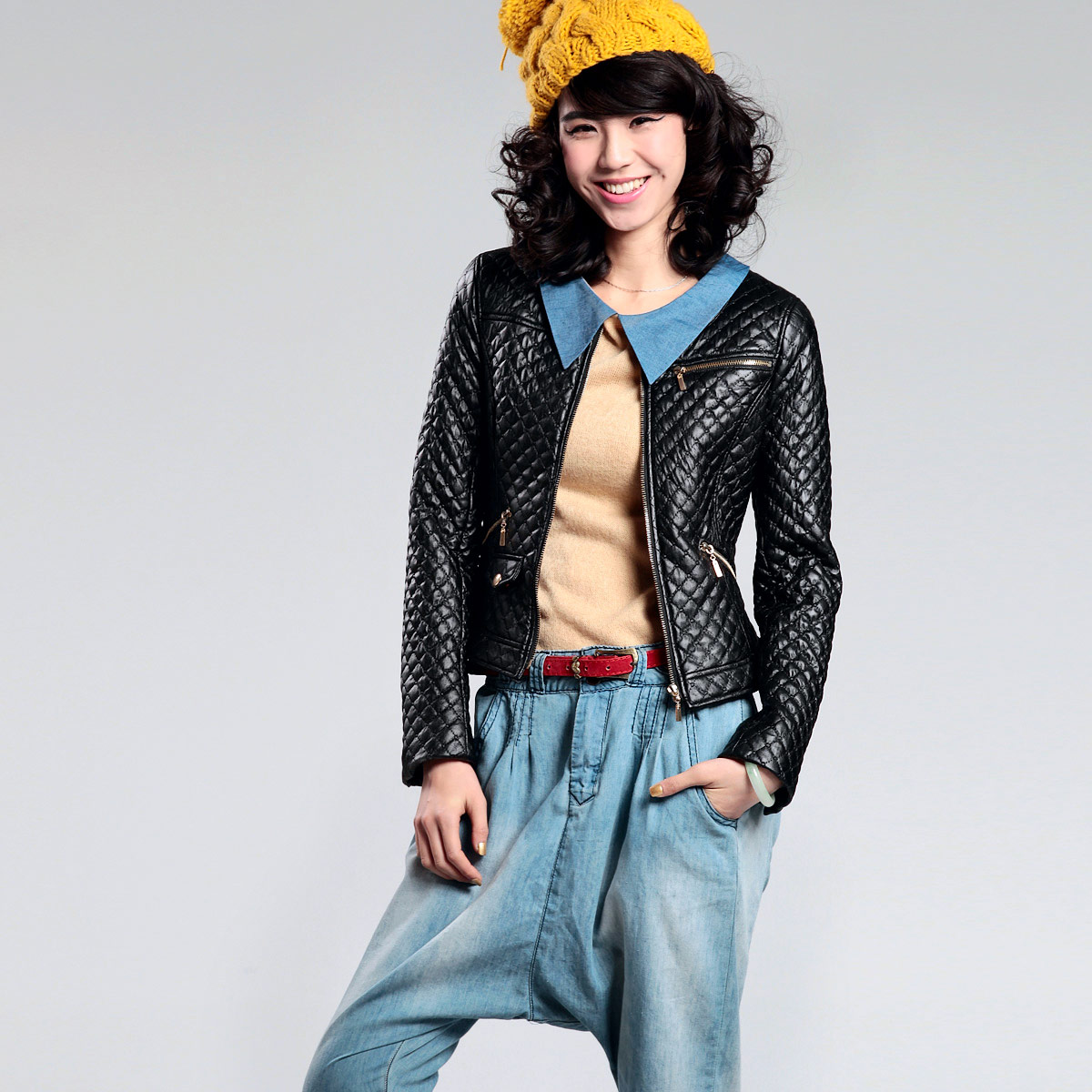 Free shipping Dimond plaid collarless small cotton-padded jacket short design PU clothing 9261213