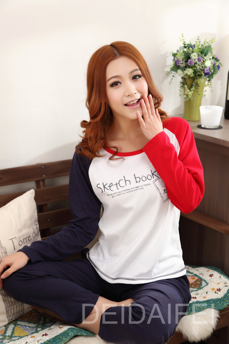 Free shipping Discount new pajamas female cotton long sleeve lovely cartoon blue and red leisure wear two suit
