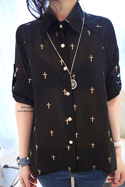Free shipping discount shirt Fashion normic unique cross pattern chiffon shirt all-match shirt