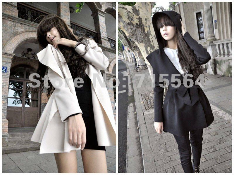 Free shipping Discount Wholesale Cotton & Wool Hooded Slim Pleated Bow Long Paragraph Shawl Collar Lace Female Spring Thin Coat