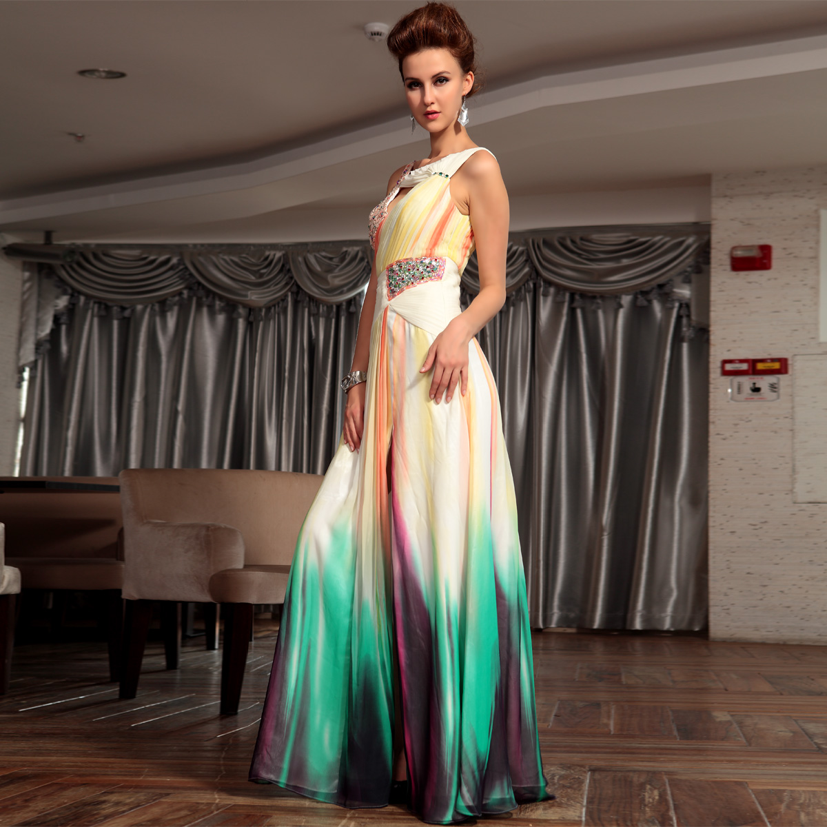 Free shipping Dolly quality fashion print design dinner party long evening dress formal dress 30692