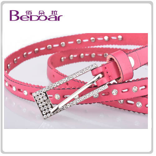 Free Shipping Dora the first layer of cowhide rhinestone strap cutout genuine leather small strap pink cowhide belt