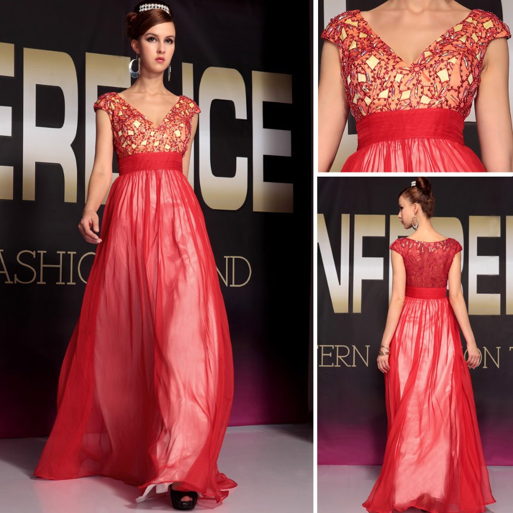 Free Shipping DORISQUEEN V-neck Red Color Little Cap Sleeve Beaded Celebrity Dress 2013