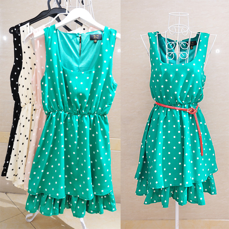 Free shipping Dot one-piece dress slim waist sweet chiffon tank dress plus size 0.18kg