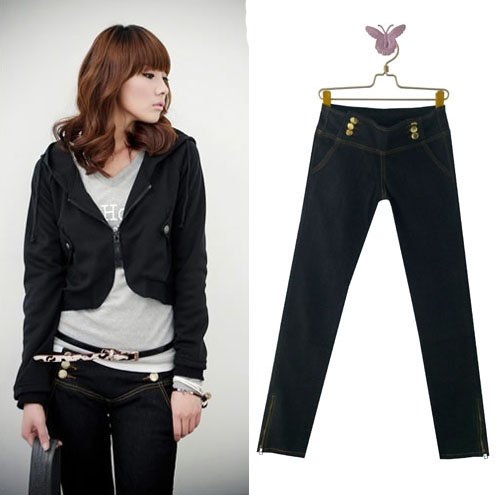 Free Shipping Double Breasted Slim High Waist Pencil Trousers, Women Pants Jeans Black AD9758LK