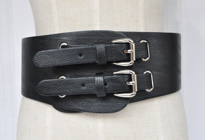 free shipping Double buckles quality genuine leather double breasted wide cummerbund women's wide belt black gold