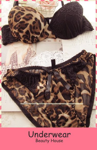 Free shipping double-sided lace chiffon leopard bra underwear suit gather deep V bra ladies bra set drop shipping F0032