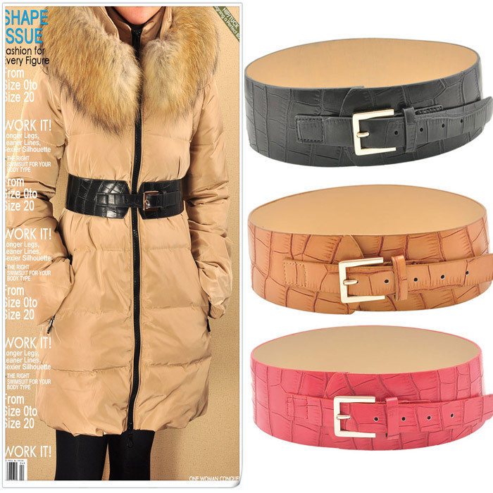 free shipping Down coat overcoat curviplanar close-fitting wide belt luxury crocodile pattern genuine leather women's cummerbund