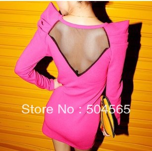 Free Shipping DR-034 Sexy Lace Back Fashion Club Dress For Women Long-sleeve Dresses Fashion Tops Pink/Blue