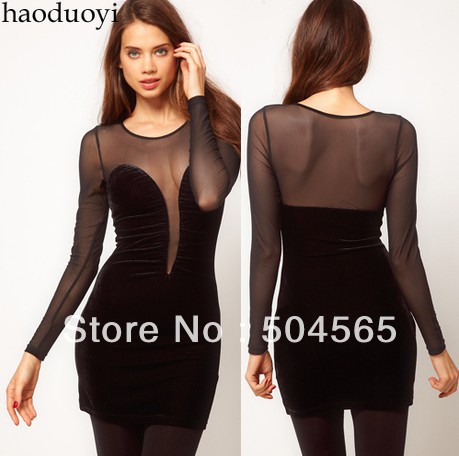 Free Shipping DR-045 Black Sexy See-through Club Dress For Women Velvet Patchwork Long-sleeve Dresses Women Clothing Casual Wear