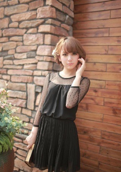 free shipping draped sweet long sleeve elastic waist stitching lace women casual dresses Black/White