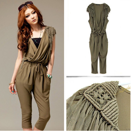 Free shipping Drawstring Waist Fringed Cropped sleeveless deep v-neck Jumpsuit for Ladies s