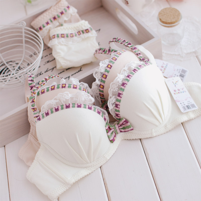 free shipping Dream sweet small fresh lace decoration bow cotton thin cup underwear bra set