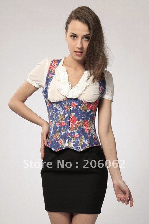 Free shipping- Drogshipping available-wholesale retail Floral denim jean underbust strap corset corslet