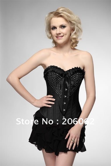 Free shipping- Drogshipping available-wholesale  retail heart diamond ruffle corset corslet black satin corset