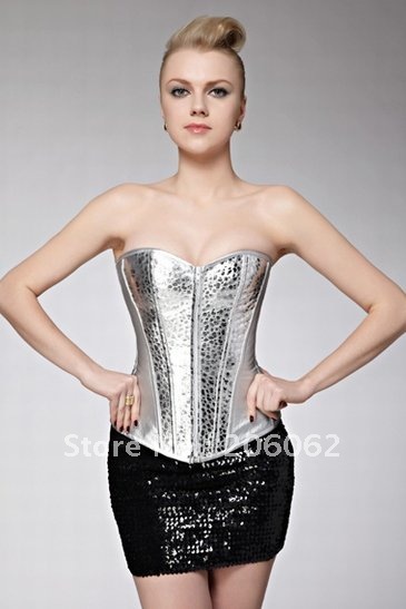 Free shipping- Drogshipping available-wholesale retail Silver PU leather corset corslet