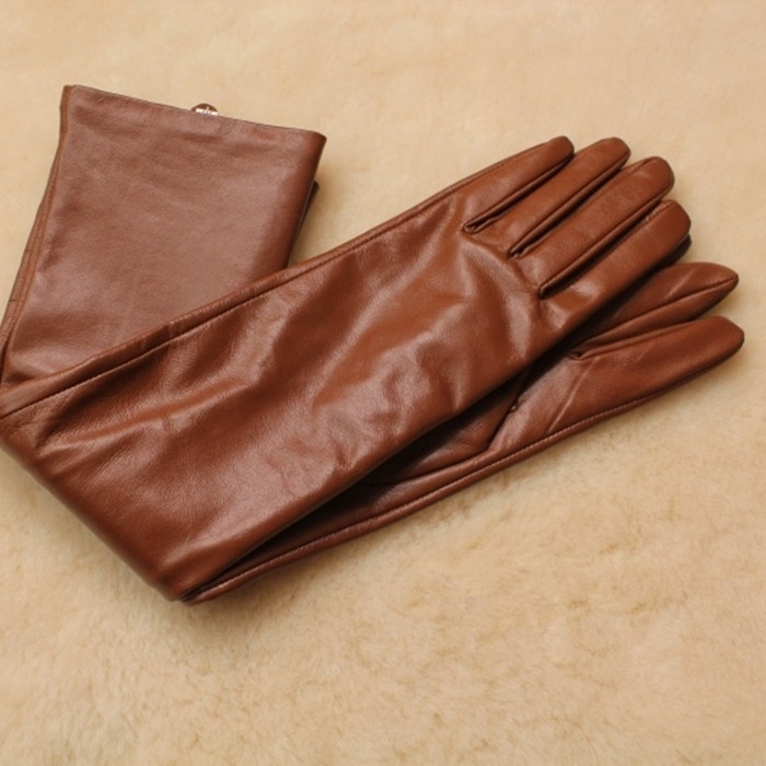 Free Shipping Drop shipping Brown Color Long Length  Fashionable Women Sexy Genuine Sheep  Leather Glove