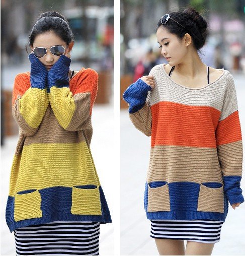 Free shipping  Drop Shipping  Loose Sweatshirts  Women's  coat  Hoodies Stripe Two pocket  Sweater Plus size RG1209014