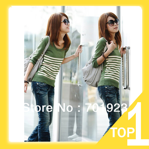 Free shipping/Drop shipping Women's Fashion Stripe Long-Sleeved Sweater Y6225
