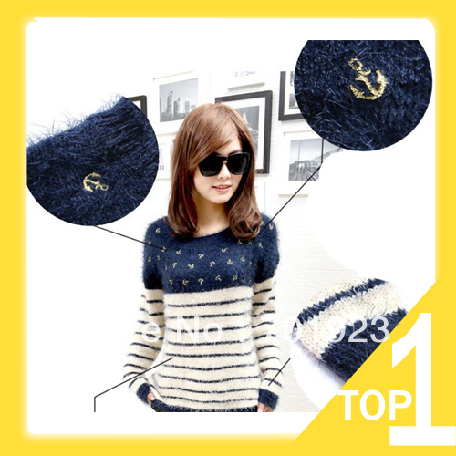 Free shipping/Drop shipping women's Navy style,Embroidery stripe round neck pullover sweater Y6188