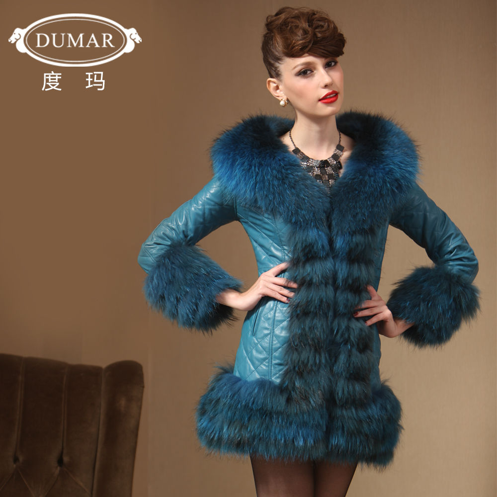 free shipping Dumar 2012 soft sheepskin one piece ultra long raccoon fur long design leather clothing py0677