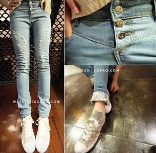 Free Shipping E 2013 female all-match high waist retro finishing distrressed jeans slim pencil pants f33 wholesale
