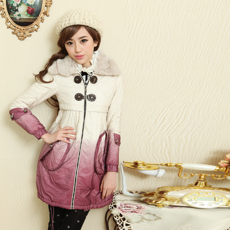 Free Shipping, E3030113 winter fashion gradient color fur collar long design gentlewomen wadded jacket