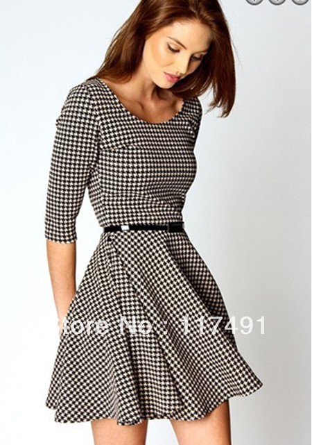 free shipping early spring new ASO Houndstooth pendulum half Sleeve slim Dress with Belt OL style Elegant brands quality ft187