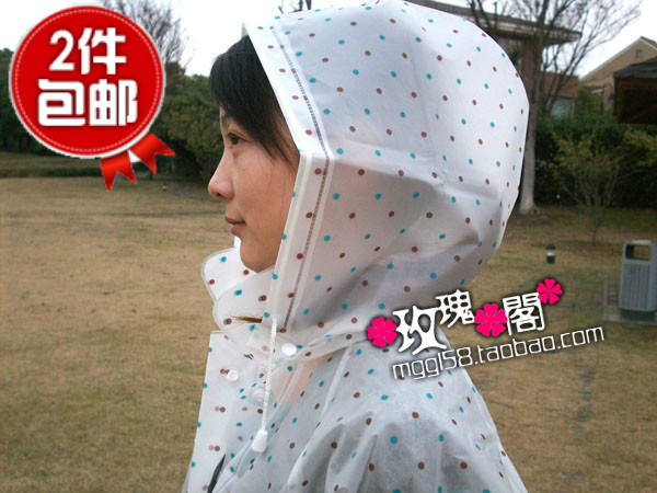 free shipping  Eco-friendly eva polka dot hooded one piece transparent  belt gauze Size fits all  raincoat