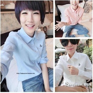 Free Shipping, ELAND 24g small fresh embroidery small anchor solid color slim long-sleeve shirt