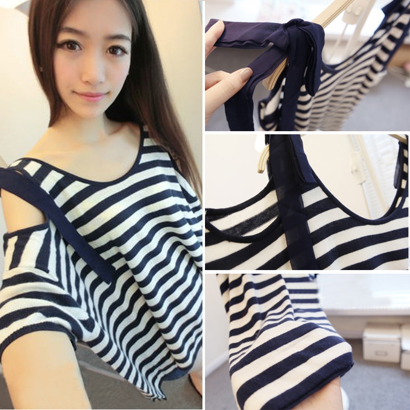 Free Shipping ELAND u2 u 2013 spring Dark Blue personality stripe strapless sexy sweater female dress wholesale