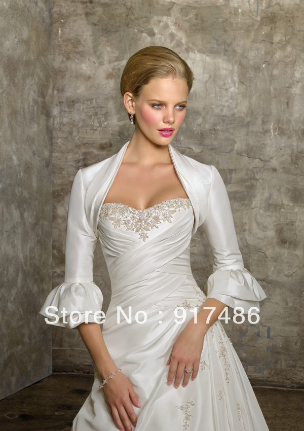Free Shipping Elegant 3/4 Sleeves White/Ivory Taffeta Bridal/Wedding Jacket/Wrap/Bolero MKS004