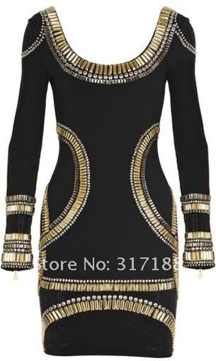 free shipping! elegant black with gold sequined trim long sleeve evening dress 2013, cocktail dress, HL bandage dress