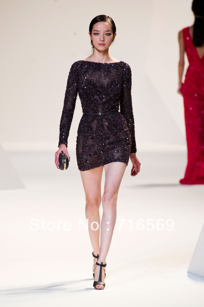 Free shipping Elegant elie saab evening dress 2013 for sale black lace long sleeves sexy Short/Mini party dress NO BELT