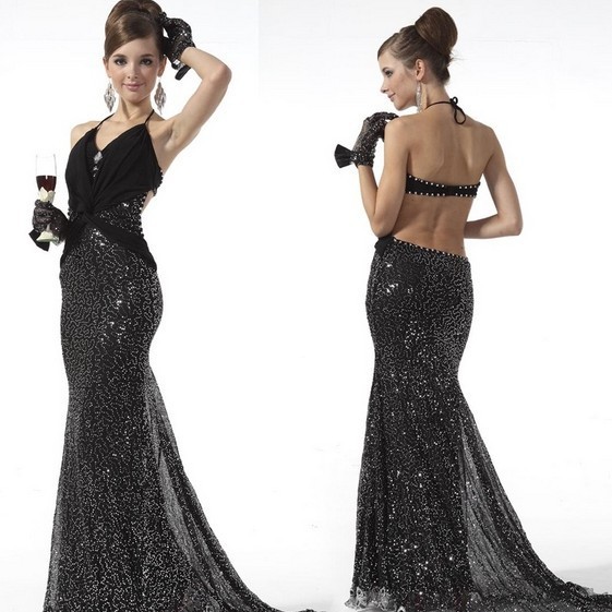 Free Shipping Elegant Evening Gown black shining type