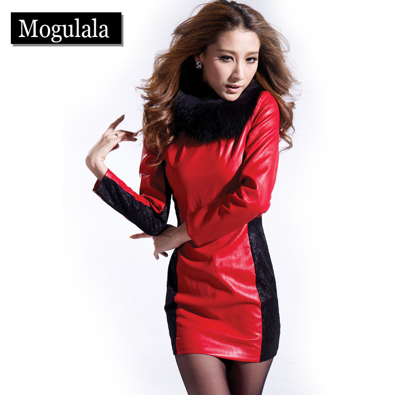 FREE SHIPPING Elegant  fur collar long-sleeve lace patchwork leather slim waist one-piece dress