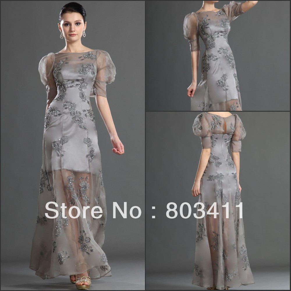 Free Shipping Elegant Half Sleeves Straight Gown Appliqued Gray Evening Dress