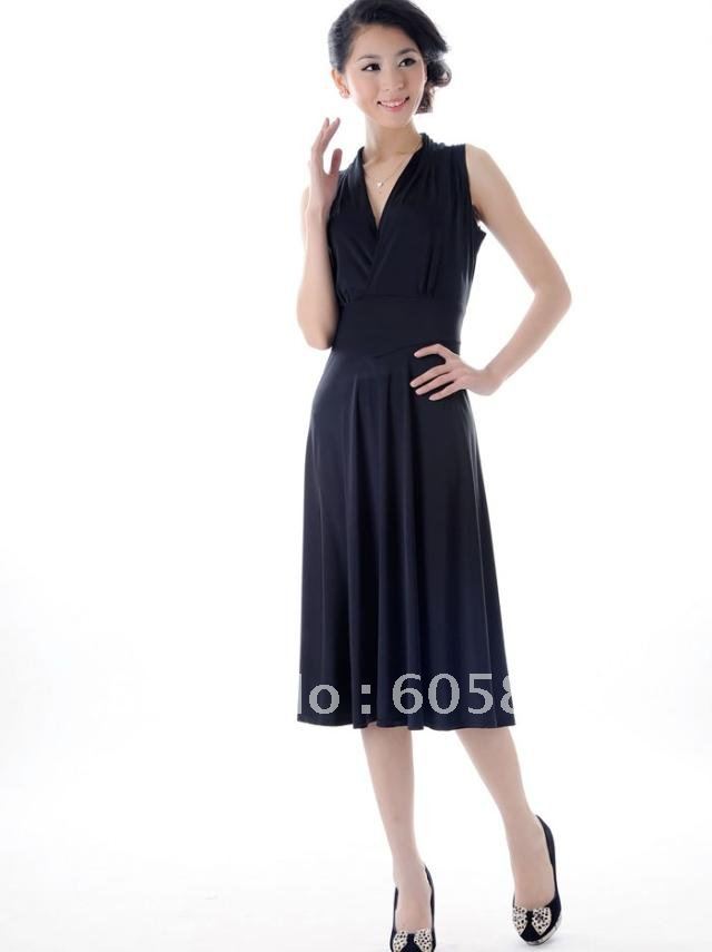 Free shipping-elegant ladies' dresses/sleeveless V-neck brief black dress L~XXXL stretchable-solid black
