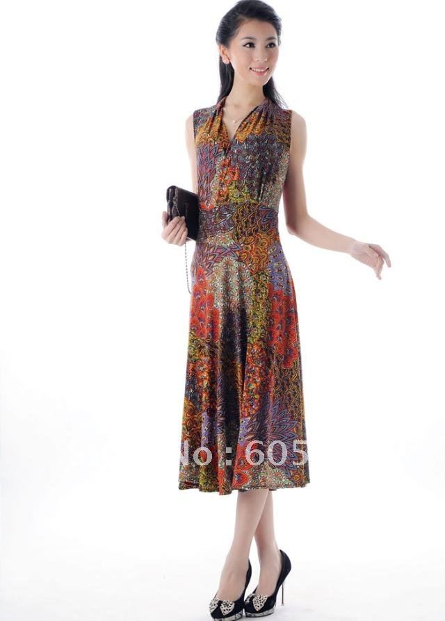 Free shipping-elegant ladies' dresses/sleeveless V-neck vintage cheap dress L~XXXL stretchable-peacock feathers