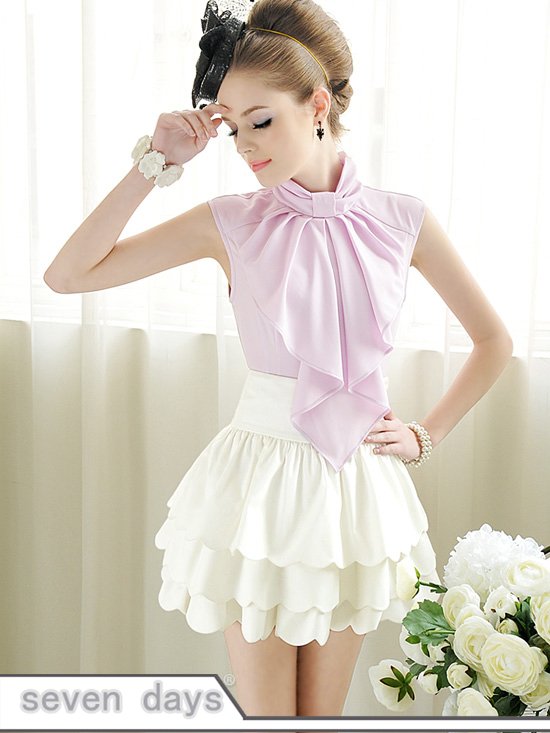 Free Shipping Elegant Lady Stand Collar Ruffle Slim Fit Sleeveless Blouse In Violet NL040716VO
