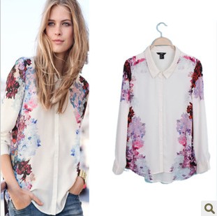 free shipping elegant print shirt turn-down collar long-sleeve chiffon shirt female