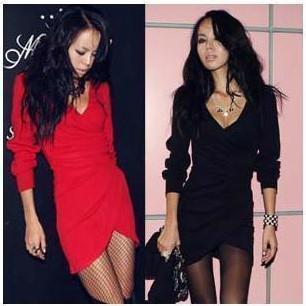 Free shipping/elegant slim hip slim long-sleeve sexy V-neck clothes one-piece dress/ Kora style/ Cheap price women dress