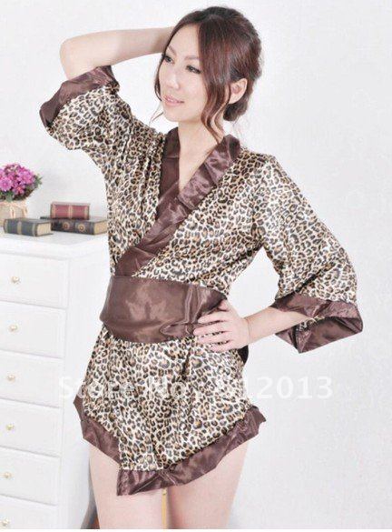 free shipping Elegant Style Leo/Leopard Women Fashion Long Sleeve Sexy Kimono Lingeries (Sleepwear+Belt +G-string)