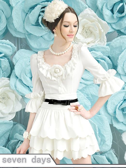 Free Shipping  Elegant Style  Square Ruffle Collar Single-breasted Half Sleeve Slim Fit Women Blouse CL100921WI