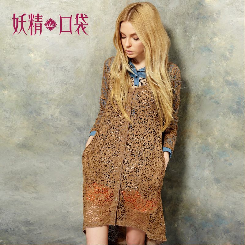 free shipping ELF SACK blusher autumn medium-long slim cardigan female cutout long-sleeve sweater