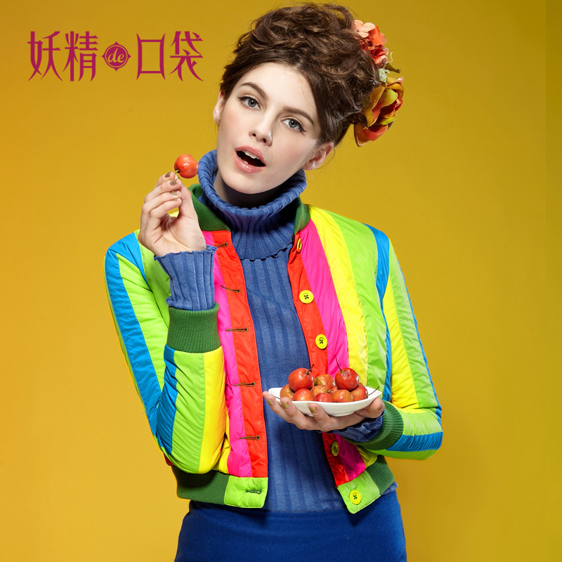 Free shipping, ELF SACK winter tantalising neon color stripe patchwork vintage wadded jacket