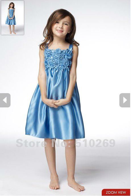 Free Shipping Embroidery Blue Appliques Satin  Flower Girl Dresses / Child Dress