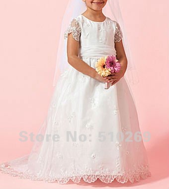 Free Shipping  Embroidery  Lace  Short Sleeve Satin Flower Girl Dress / Child Dress